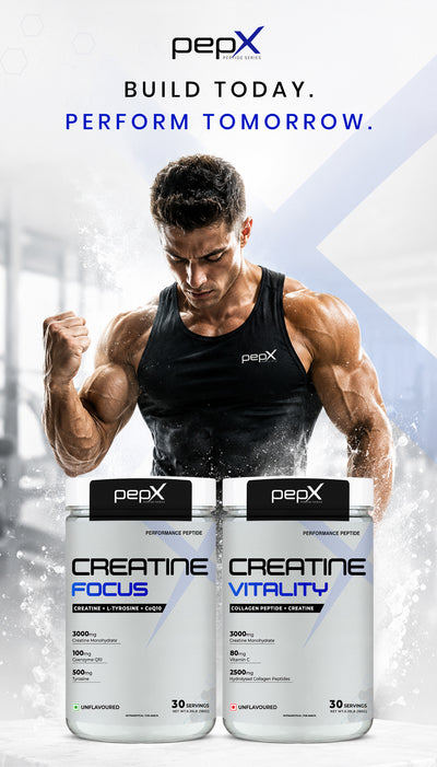 PEPX Creatine Focus and Vitality supplements with athlete, premium creatine products for performance, strength, muscle growth and energy.